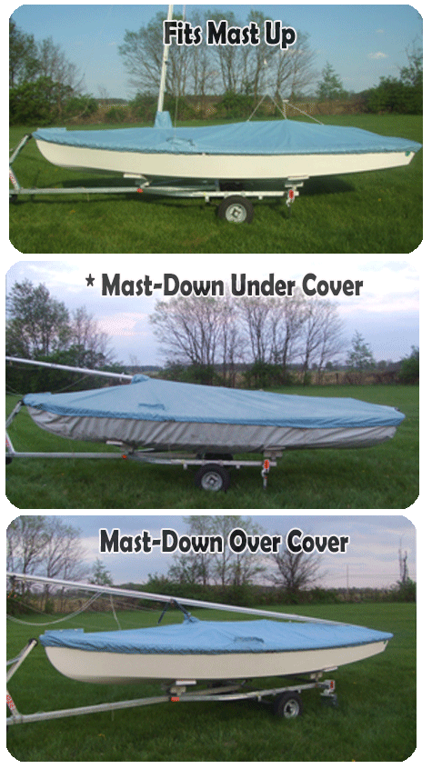 Trailing-Mooring (T-M) Cover shown in three configurations: mooring with mast up, mooring with mast down, and flat for trailering